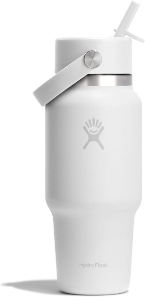 Hydro Flask Travel Water Bottle - Insulated Stainless Steel - Wide Straw Lid. Non Spill. Leakproof in 24 Oz Tonal White