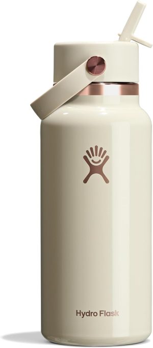 Hydro Flask Water Bottle - Insulated Stainless Steel - Wide Mouth Flex Straw Lid. Non Spill. Leakproof and Refillable in 32 Oz Linen Rose Gold