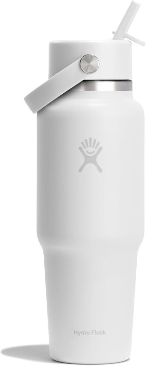 Hydro Flask Travel Water Bottle - Insulated Stainless Steel - Wide Straw Lid. Non Spill. Leakproof in 32 Oz Tonal White