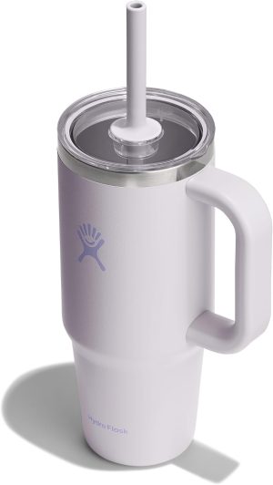 Hydro Flask 24 Oz Travel Tumbler with Handle. Clear Lid and Straw - Insulated Stainless Steel in 24 Oz Cloud Pink