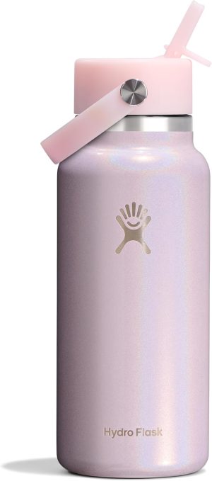 Hydro Flask Water Bottle - Insulated Stainless Steel - Wide Straw Lid. Non Spill. Leakproof in 24 Oz Glimmer Pink