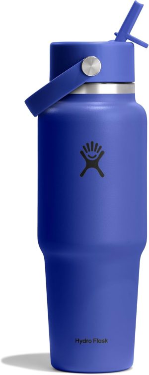 Hydro Flask Travel Water Bottle - Insulated Stainless Steel - Wide Straw Lid. Non Spill. Leakproof in 32 Oz Capri Blue