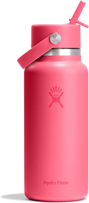 Hydro Flask Water Bottle - Insulated Stainless Steel - Wide Mouth Flex Straw Lid. Non Spill. Leakproof and Refillable in 32 Oz Popstar Pink