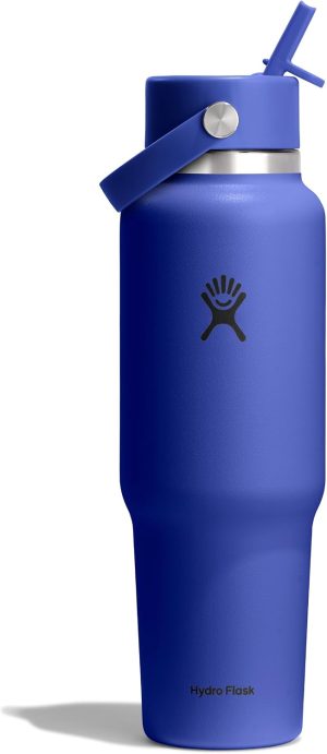 Hydro Flask Travel Water Bottle - Insulated Stainless Steel - Wide Straw Lid. Non Spill. Leakproof in 40 Oz Capri Blue