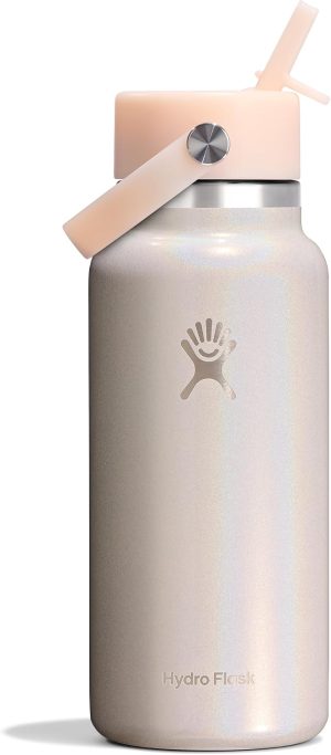 Hydro Flask Water Bottle - Insulated Stainless Steel - Wide Straw Lid. Non Spill. Leakproof in 24 Oz Glimmer Cream