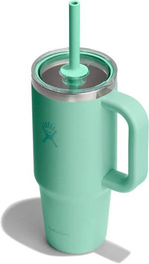 Hydro Flask 24 Oz Travel Tumbler with Handle. Clear Lid and Straw - Insulated Stainless Steel in 24 Oz Mermaid Green