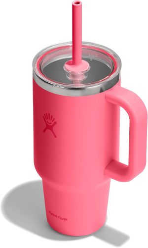 Hydro Flask 32 Oz Travel Tumbler with Handle. Clear Lid and Straw - Insulated Stainless Steel in 32 Oz Popstar Pink