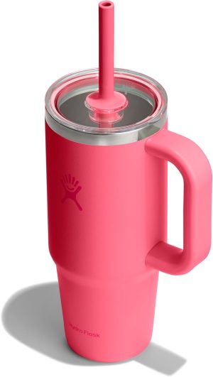 Hydro Flask 24 Oz Travel Tumbler with Handle. Clear Lid and Straw - Insulated Stainless Steel in 24 Oz Popstar Pink