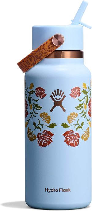 Hydro Flask Water Bottle - Insulated Stainless Steel - Wide Mouth Flex Straw Lid. Non Spill. Leakproof and Refillable in 32 Oz Western Light Blue