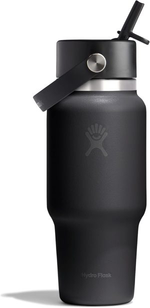 Hydro Flask Travel Water Bottle - Insulated Stainless Steel - Wide Straw Lid. Non Spill. Leakproof in 24 Oz Tonal Black